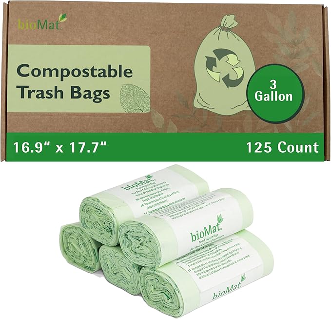 bioMat AirBox Compost Bin for Countertop with 3 Gallon Food Waste Bags (125 Bags with Handle Ties), BPI Certified