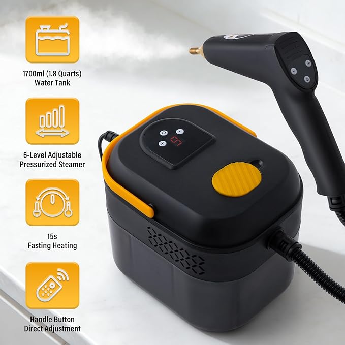 Lamberia Steam Cleaner with 16pcs Accessories, 2500W 1700ml 1.8 Quarts Tank, 6-Level Adjustable Portable Handheld Pressurized Steamer, 15s Heat-Up Steam Cleaner for Home, Car, Kitchen(YB, US Plug)