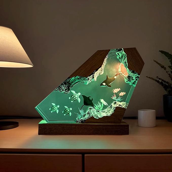 Orca Ocean Resin Lamp, Handmade Wooden Table Resin Night Light, USB Port Art Ornaments for Home Office Decor, Scuba Diver Gifts for Holiday, Unique Birthday Gifts for Mom Grandma Brother Sister