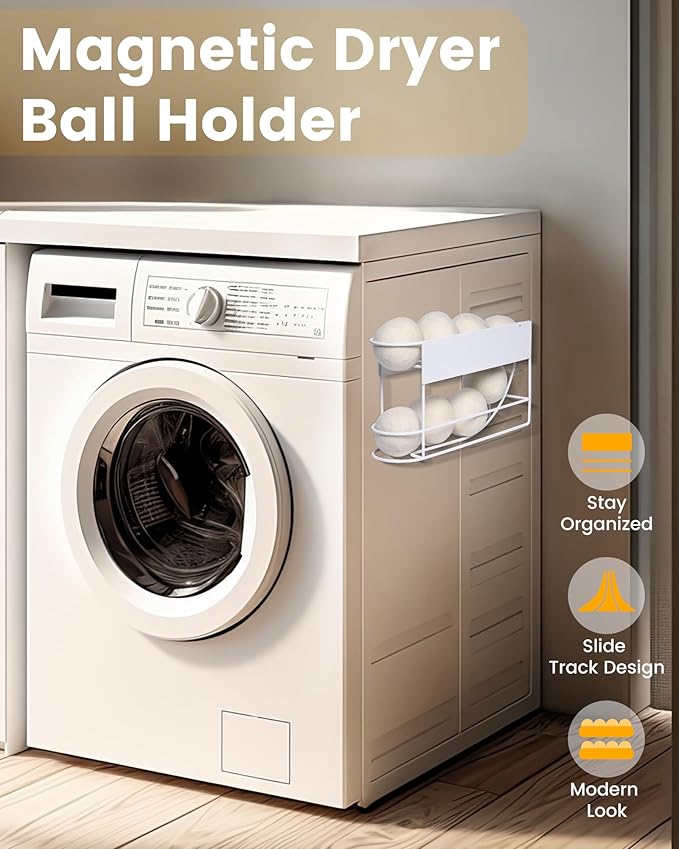 Dryer Ball Holder with Magnetic Back for Laundry Room Organization and Storage, Automatic Dryer Ball Roller Chute Container, White (No Balls)