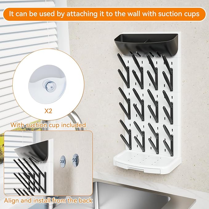 SuoXing Vertical Baby Bottle Drying Rack with Brush- Hold 24 Bottles - Large Breast Pump,Bottle Dryer Rack for Kitchen Countertop,Space Saving Bottle Stand Holder for Pacifiers,Pump Accessories,Black