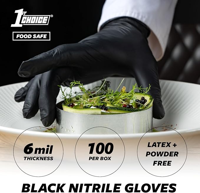 1st Choice Nitrile Gloves, Disposable, Latex-Free, Black, 6 Mil, Industrial, for Mechanics, Cleaning, Automotive and Home Use