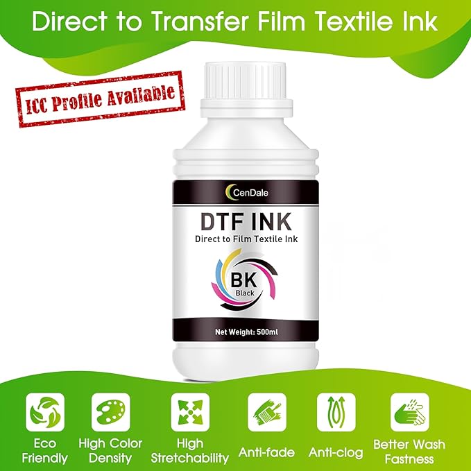 CenDale Premium DTF Black Ink - 500ML for PET Film, Refill Ink for Epson ET-8550, L1800, L800, R2400, R1390, P400, P800, XP15000, Heat Transfer Printing Direct to Film
