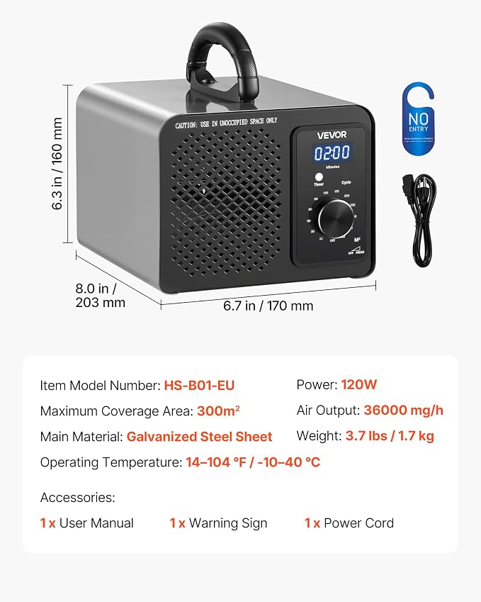 VEVOR Ozone Generator, 36000mg/h Commercial Ozone Machine, 15s Delayed Start & Timer & Rotary Encoder Knob & Odor-Treatment Cycle Mode, Industrial Deodorizer for Car, Smoke Odorss,Up to 3200 sq.ft