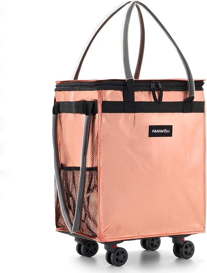 (Medium) Fanwoli Reusable Grocery Bag on Wheels with Upgraded Wrinkle-Resistant Fabric | Enhanced Stability Wheels & Extended Handle | Foldable Shopping Trolley for Laundry, Carries Up to 66 L