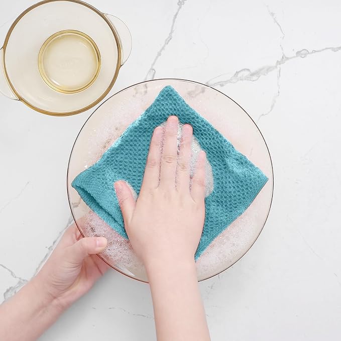 Homaxy 100% Cotton Waffle Weave Kitchen Dish Cloths, Ultra Soft Absorbent Quick Drying Dish Towels, 12 x 12 Inches, 24-Pack, Lake Blue
