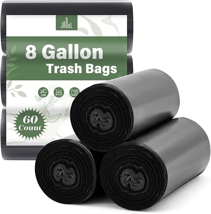 Jaoul Trash Bags 8 Gallon, Strong Tear & Leak Resistant Medium Garbage Bags, 0.97 Mil Extra Strong Trash Bags for 30 Liter Trash Can, Suitable for Kitchen, Bathroom, Restroom, Car, Black, 60 Counts
