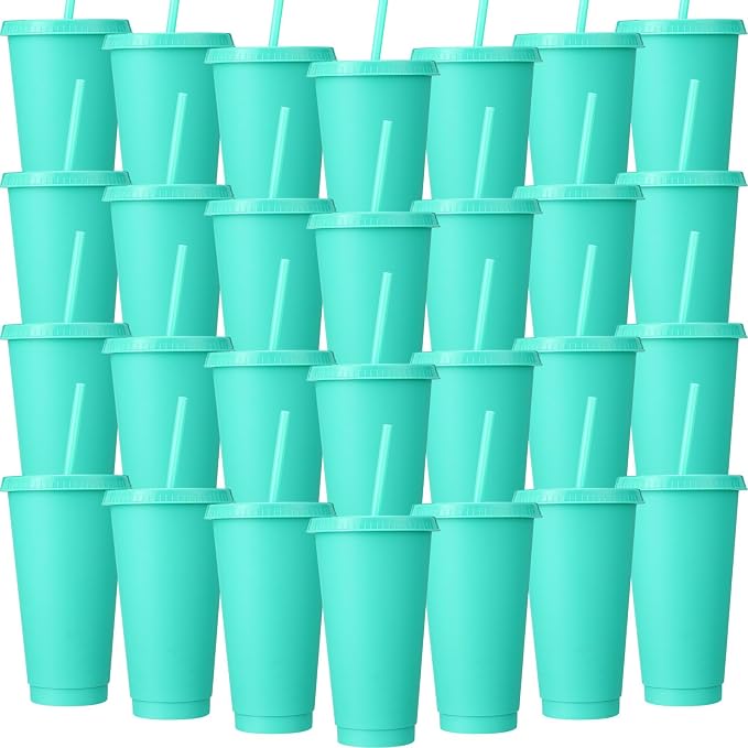 Honeydak 60 Pack Tumbler with Straw and Lid Bulk Cups for Gifts Water Bottle Iced Coffee Travel Mug Cup Reusable Plastic Tumblers for Party Birthdays 24-27 oz (Green Color)