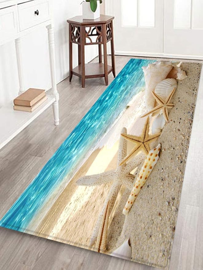 WODEJIA Non Slip Bath Rugs Sponge Foam for Bathroom,Soft Flannel Mat Rug for Living Room, Absorbent Water Clearance MatS for Forlaundry Room and Kitchen,Ocean Beach Themed Carpt 47x18 Inches