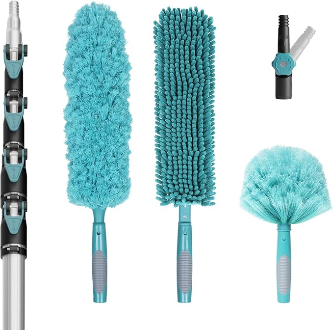 TelesPro 30 Foot High-Reach Duster Kit with 6-24FT Extendable Pole - High Ceiling Duster Cleaning Kit with Telescopic Pole,Cobweb Duster, Chenille Ceiling Fan Duster, Microfiber Feather Duster