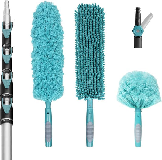 TelesPro 30 Foot High-Reach Duster Kit with 6-24FT Extendable Pole - High Ceiling Duster Cleaning Kit with Telescopic Pole,Cobweb Duster, Chenille Ceiling Fan Duster, Microfiber Feather Duster