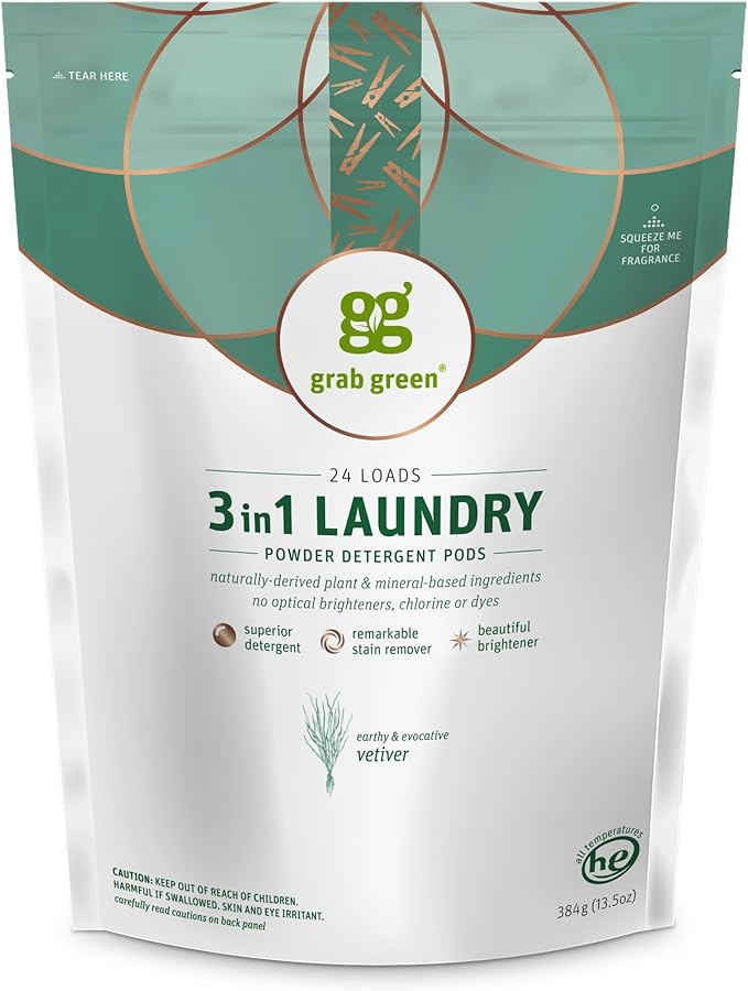 Grab Green 3-in-1 Laundry Detergent Pods, 24 Count, Vetiver | Plant & Mineral-Based; Enzyme-Powered; Velcro Closure; Laundry Brightener; Stain Remover