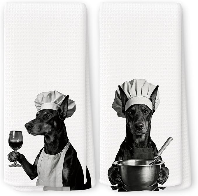 Funny Chef Doberman Kitchen Towels Set of 2, Doberman Dog Gifts for Women Dish Tea Towels for Kitchen, Dog Mom Lovers Owner Gifts Decorative Hand Towel, 16x24 Inch