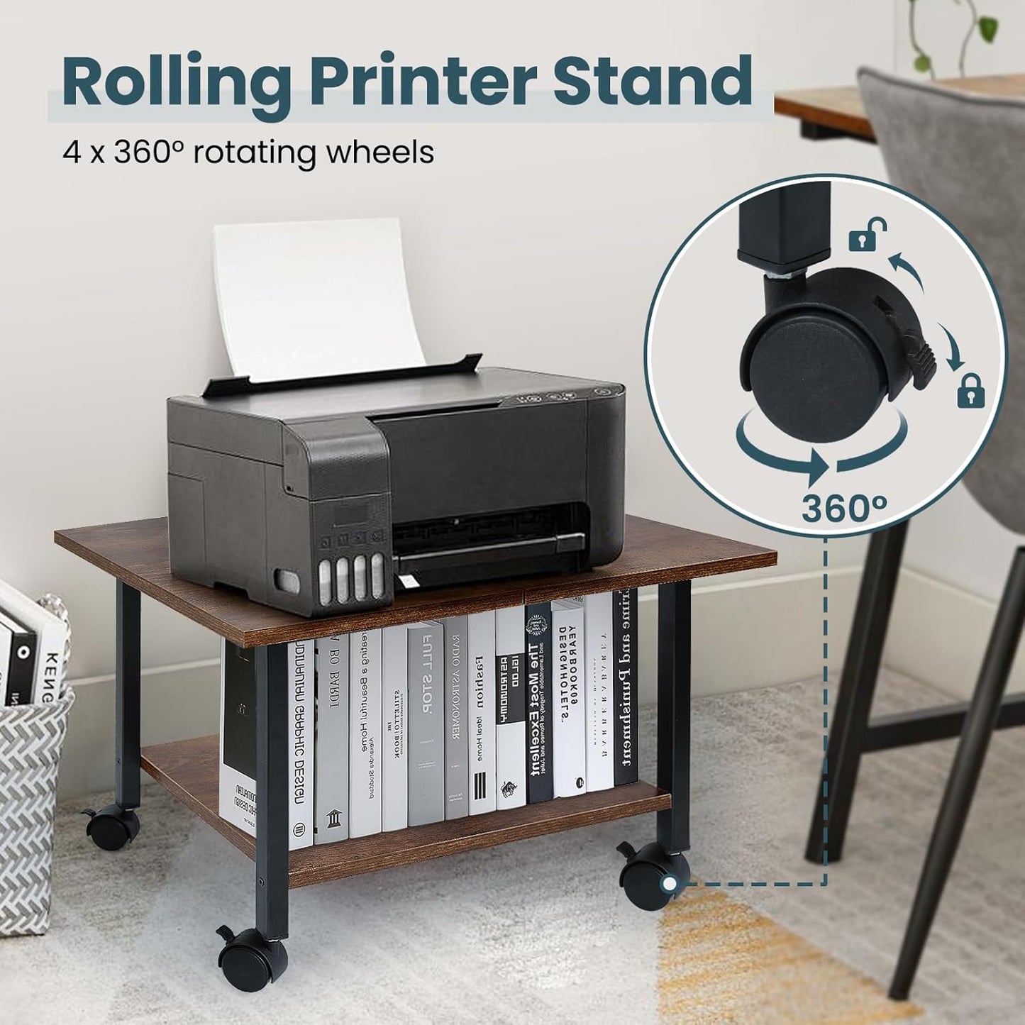 Printer Stand with Storage Under Desk Shelf, Desktop Printer Stand Organizer, Rolling Printer Cart Storage Paper Files Holder for Desk, Office, Home, (Rustic Brown)