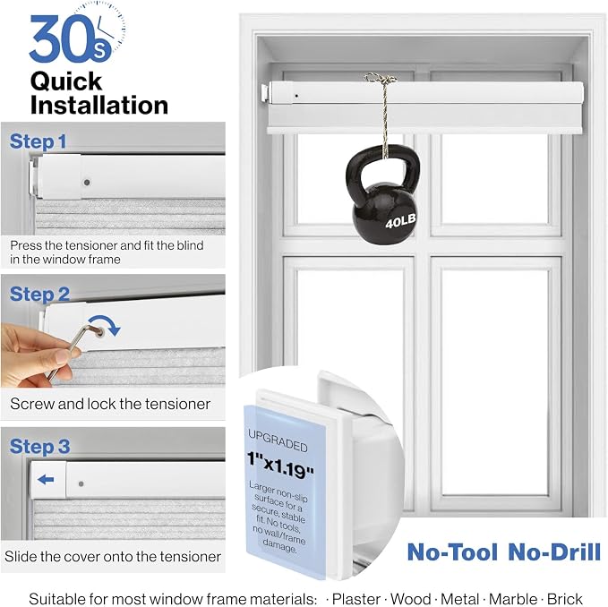 No Drill Cellular Shades, White 31" W x 64" H Cordless Light Filtering Pull Down Pleated Honeycomb Blind Thermal Insulated Easy Install for Indoor Window Bedroom Living Room Kitchen