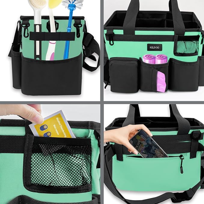 Wearable Cleaning Caddy Bag,Cleaning Supply Tote for Cleaning Supplies, Cleaning Organizer with Adjustable Shoulder and Waist Straps for Cleaners Housekeepers (Lake Green and Black, Large)
