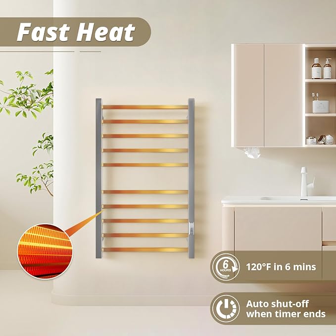 Towel Warmers for Bathroom, Heated Towel Rack Wall Mounted, 10 Bars Large Electric Hot Towel Rack with Built-in Timer, Plug-in, Fast Heating, Brushed Nickel