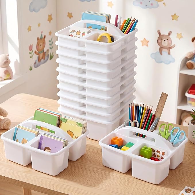 Geelin 24 Pack Classroom Caddy Bulk, Plastic Storage Caddy with Handle and 3 Compartments, Stackable Art Supply Caddies Organizer(White)