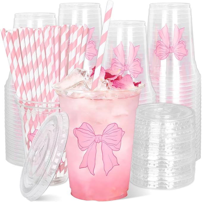 Whaline 50 Pcs Pink Bow Disposable Plastic Cups with Lids and Straws 12 Oz Coquette Ribbon Bow Cold Beverage Drinking Cups for Wedding Birthday Baby Shower Party Supplies