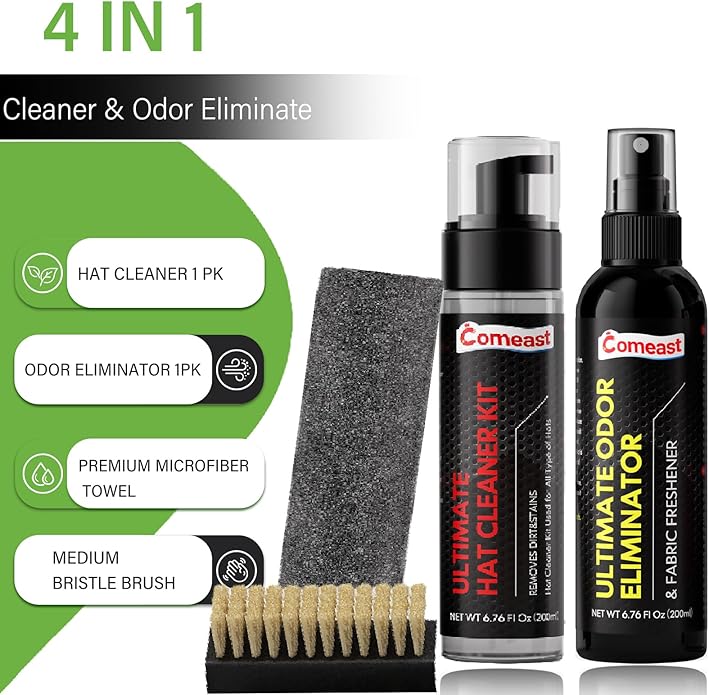 Hat Cleaner Kit,Ready-To-Use Foam,Quick Drying for Cleaning Baseball Caps of All Materials Cotton,Wool,Leather,Felt and More Cleans 50+ Hats (Cleaner 6.76oz+Deodorizer 6.76oz,Towel,Brush)