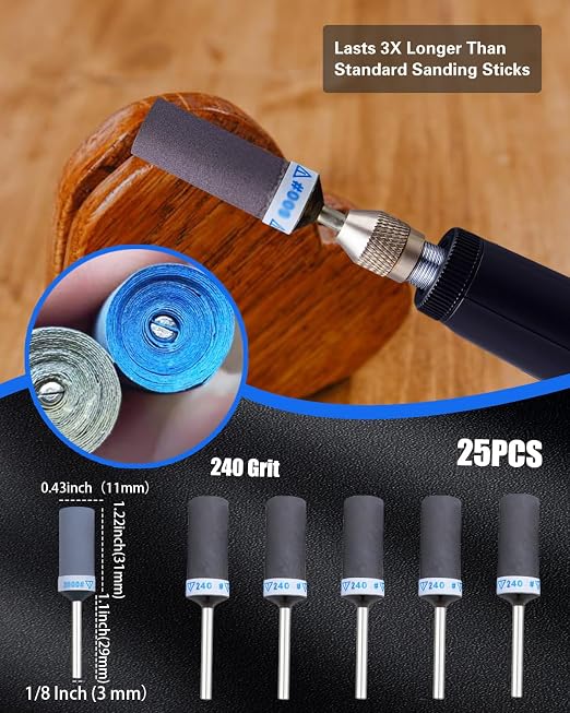 240 Grit Sanding Drums for Dremel Rotary Tools Accessories, 25PCS Sanding Bits Kit for Dremel Sanding Bands with 1/8 inch Shank, Sandpaper Sticks Set for Plastic Wood Metal Grinding Polishing