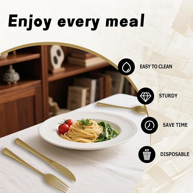 Plastic Silverware 150 PCS Disposable Silverware Heavy Duty Utensil Sets 50 Of Each Forks Knives & Spoons Disposable Cutlery Set For Easter,Birthday,Baby Shower,Garden Party,Wedding(150,Gold)