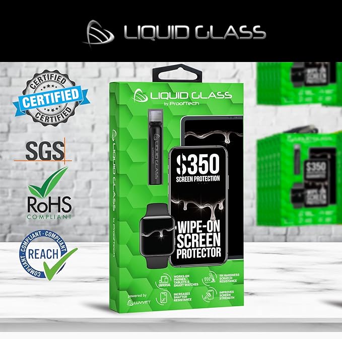 ProofTech Liquid Glass Screen Protector with $350 Screen Repair Coverage Scratch Resistant Wipe On Invisible Protection for All Phones Tablets Smart Watches - Universal