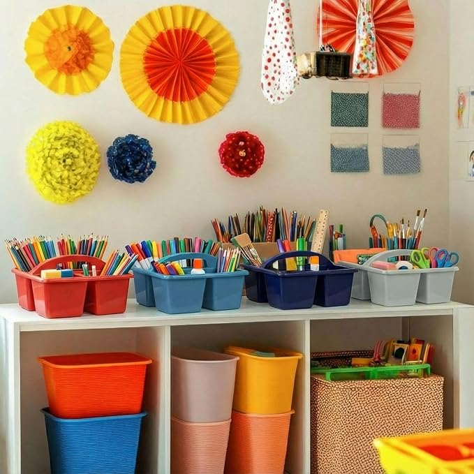 Kathfly 4 Pack Caddy Organizer with Handle, Stackable Organization Storage, Small Plastic Basket Classroom Caddy for Table Desk Office Pencil Kids Room Craft Art Teacher School Supplies (Deep Color)