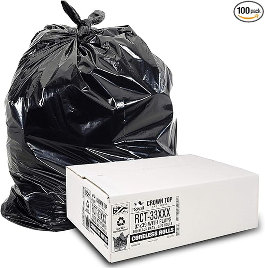 Aluf Plastics RCT-33XXX Heavy Duty 33 Gallon Trash Bags (Huge 100 Ct. /w Flap Ties) - 2 MIL equiv. Thick Gauge Large Black Plastic Garbage Liners for Kitchen, Home. Outdoor, Lawn, Yard, Contractors, Brute/Rubbermaid cans