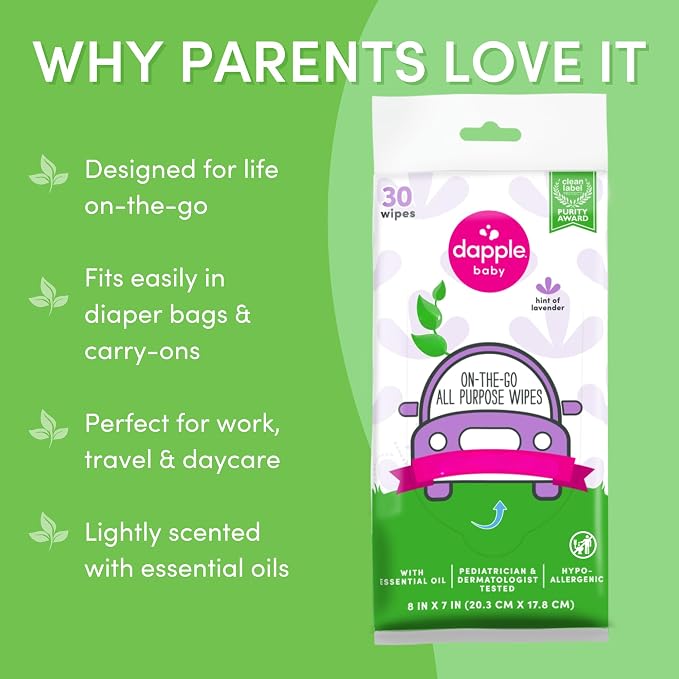 Dapple baby All Purpose Wipes, Hypoallergenic & Powered by Plants Cleaning Wipes, Hint of Lavender, 30 Count (Pack of 1)