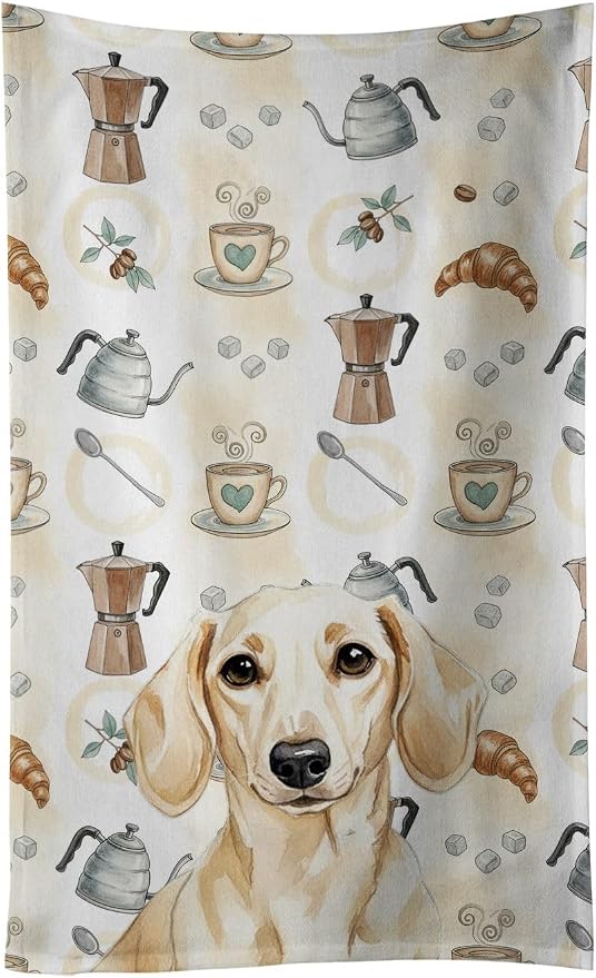 Caroline's Treasures Cream Dachshund Coffee Bar Kitchen Towel Velour Plush Front and Cotton Loop Back Machine Washable