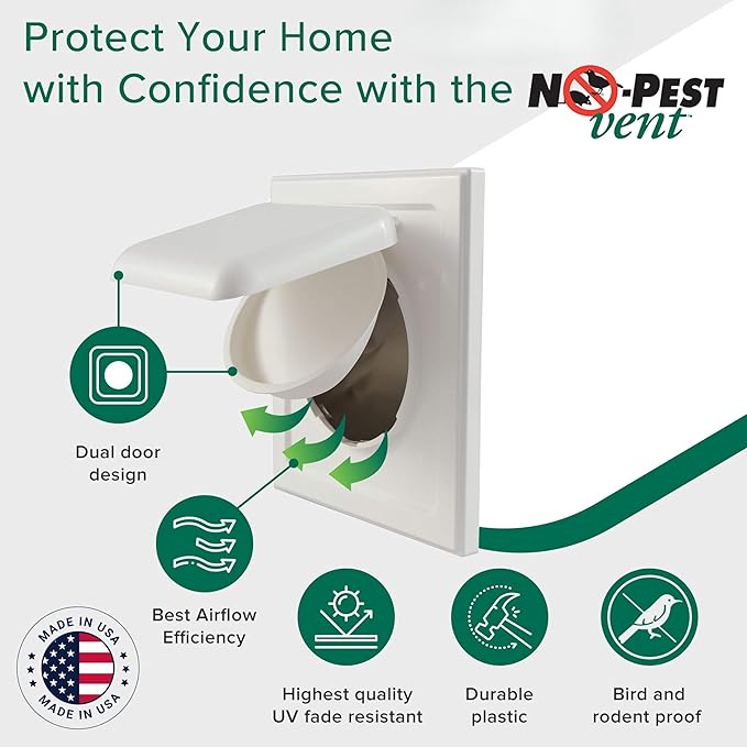 No-Pest Vent 6" Dual Door Exhaust Vent Cover – Outdoor Vent Cap for Bathroom Fans & Range Hoods – Pest Proof, Energy Efficient, Not for Dryer Use (White, 6 inch W/O Duct Tube)