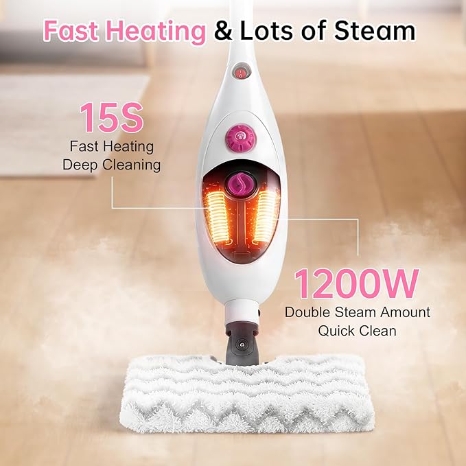 12-in-1 Steam Mop Cleaner, 15-Sec Fast Heat-Up, 1200W Floor Steamer with Double-Sided Pads, Removes 99.99% Stubborn Stains for Hardwood Floors, Marble, Clothes, Windows, Tiles, White