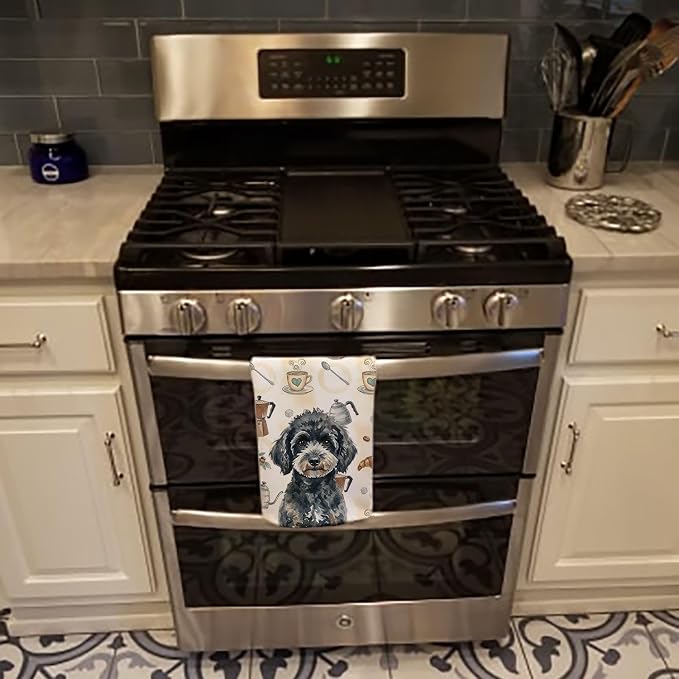 Caroline's Treasures Miniature Black Poodle Coffee Bar Kitchen Towel Velour Plush Front and Cotton Loop Back Machine Washable