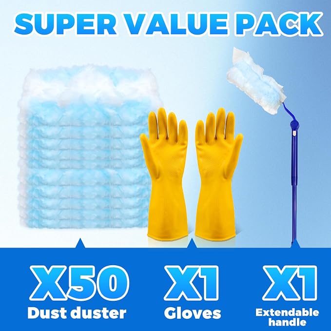 50 Pack Duster Refills Compatible with Swiffer Dusters, Disposable Replacement Heads with Extendable Handle for Dust Removal on Vents, Baseboards, Ceiling Fans, Crevices & Hard-to-Reach Places