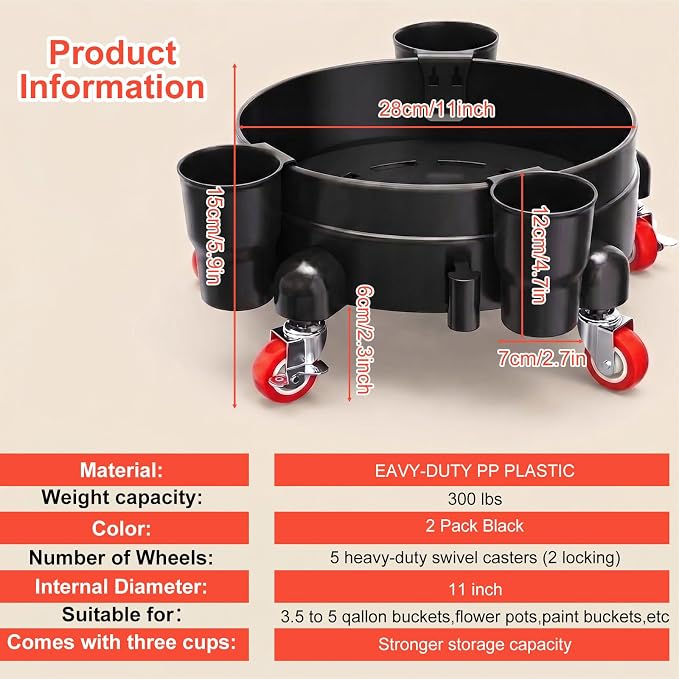 Heavy-Duty Bucket Dolly with Wheels,5 Gallon Bucket Roller with Locking Casters & Secure Clamp,Rolling Bucket Cart for Cleaning, Gardening,Industrial Use,300Lbs,Equipped with three detachable brackets