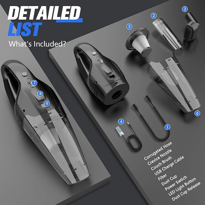 BSRCO Cordless Handheld Vacuum with 6kPa Hurricane Suction, 25Mins Runtime Portable Car Vacuum for Deep Gap Cleaning, Lightweight Hand Vac with HEPA for Pet Hair, Home & Vehicle