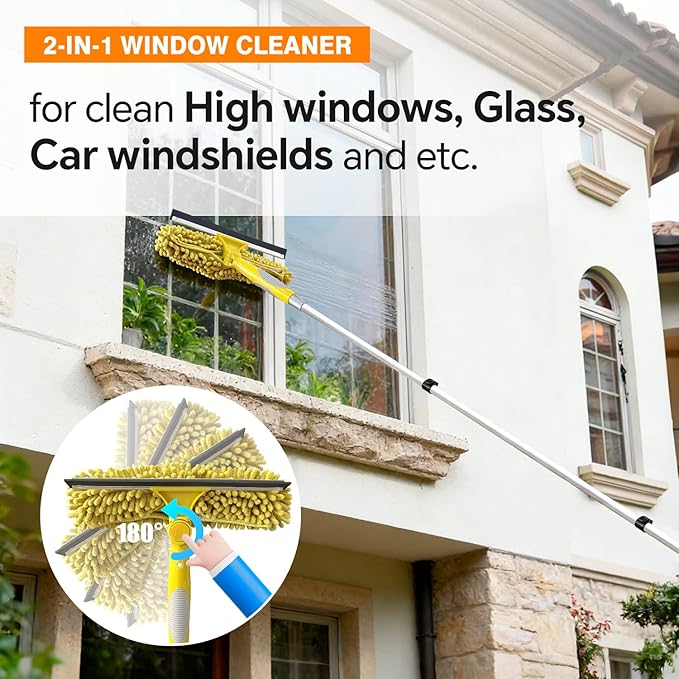 ARTIPOLY 4-12Ft Telescoping Extension Pole Kit, 5-in-1 High Reach Duster with Chenille Window Squeegee Microfiber Feather Cobweb Duster for Ceiling Wall Hard-to-Reach Indoor & Outdoor Cleaning Yellow