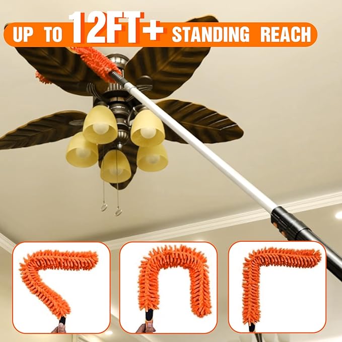 LAANPOLE 20FT Reach Ceiling Fan Cleaner Duster, Fan Blade Cleaner Kit with 3-12FT Extension Pole, Microfiber Duster & Replaceable Cleaning Cloth for Blades, Ceiling, Furniture