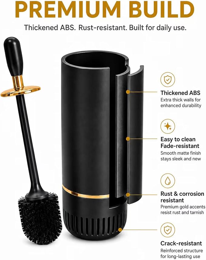 Toilet Brush Set, Dense Nylon Bristles, Wall Mount, Non-Scratch, Black Gold | 16.5" Handle,Splash-Proof,Odor-Locking Lid ,Ventilated Base,Hideaway Brush Head,Thick ABS,2 Adhesive