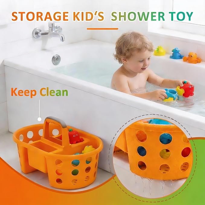SIMPLYKLEEN Large Shower Caddy Portable 2PC - Made in USA Plastic Jumbo Size Dorm Storage Candy Tote with Handle Shower Organizer for Bathroom, Pantry, Kitchen, College Dorm, Green/Orange