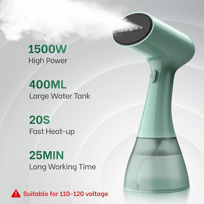 GS01 Handheld Clothes Steamer, 400ml Large Water Tank 1500W Fast Heat Up Portable Travel Wrinkle Remover