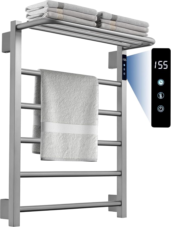 Heated Towel Racks for Bathroom, Hot Towel Warmer with 24hr Timer Stainless Steel Wall Mounted Electric Towel Warmers for Bathroom (Nickel, 5-Bar)