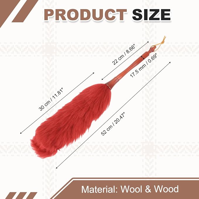 uxcell Wool Duster, 20.5" Natural Feather Cleaner Household Cleaning Duster with Solid Wooden Handle for Cleaning Fans Window Blinds Shelves Furniture, Red