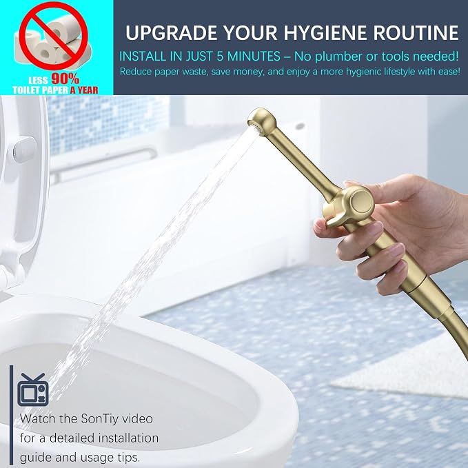 SonTiy Handheld Bidet Toilet Sprayer, Brass Cloth Diaper Sprayer Hand Held Bidet Attachment Jet Spray for Toilet with Backflow Preventer, 59" PVC Shower Hose and Shut Off Valve, Brushed Gold