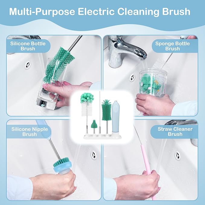 Electric Bottle Brush Cleaner with Holder, Rechargeable Automatic Water Bottle Cleaner with Stainless Steel Extension Handle, Extra Long Water Bottle Brush,Nipple Brush, Straw Cleaner Brush,