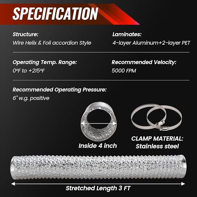 4 Inch 3 FT Flexible Dryer Vent Hose, 6-Ply Aluminum Foil Dryer Vent Kit with 2 Clamps, Silver PVC Exhaust Duct