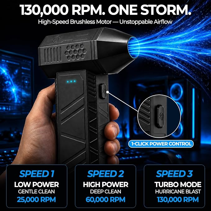 Electric Compressed Air Duster for Computers - 130,000 RPM High-Speed PC Cleaner - Portable Rechargeable Air Blower for Electronics, Keyboards, and Car Detailing - Includes 4 Nozzles
