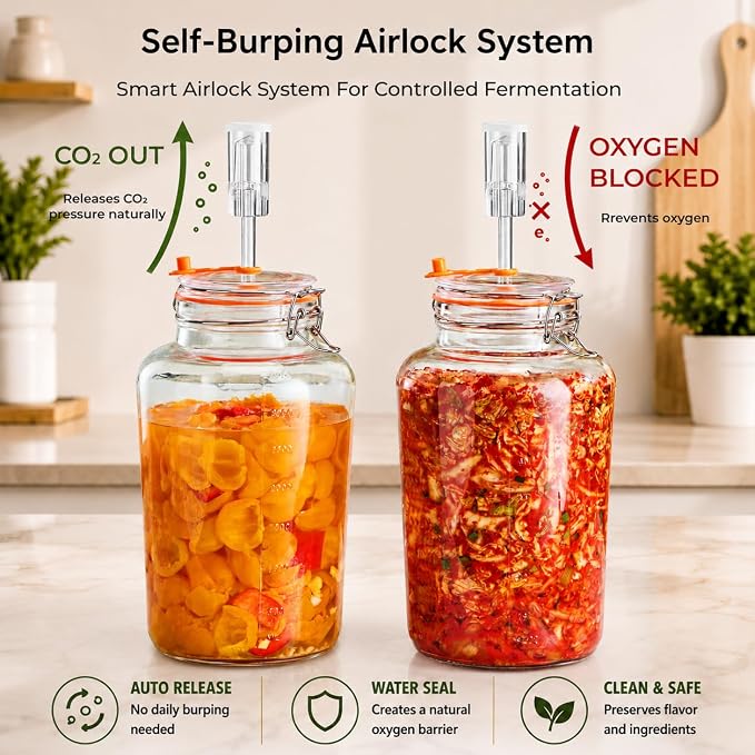 1 Gallon Fermentation Jars with Airlocks & Glass Weights, 2-Pack | Self-Burping Airlocks Vent Gas, Glass Weights Keep Food Below the Brine for Easier, More Consistent Homemade Fermentation