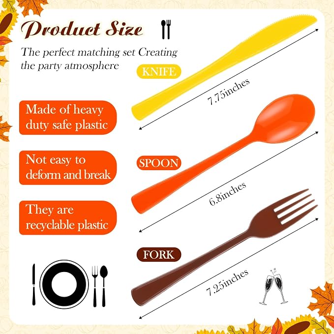 Minatee 180 Pcs Plastic Silverware Heavy Duty Cutlery Sets Disposable Utensils for Holiday Birthday Themed Party Supplies, 60 of Each Forks Knives Spoons(Brown,Orange,Yellow)